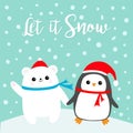 Let It Snow. Kawaii Penguin Bird Polar White Bear Cub. Red Santa Claus Hat, Scarf. Cute Cartoon Baby Character. Merry Christmas. F