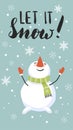 Let It Snow! Merry Christmas And Happy New Year Greeting Cards With Cute Snowman.
