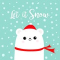 Let it snow. Polar white bear cub wearing red Santa Claus hat scarf. Head face. Cute cartoon smiling baby character. Arctic animal