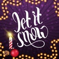 Let it snow, square purple postcard with frame garland