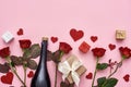 Let us celebrate! Set of red roses, champagne, gift boxes and hearts Royalty Free Stock Photo