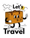 Let's travel. Retro suitcase character. Vintage slogan. Inspirational phrase. Happy baggage mascot vacation Royalty Free Stock Photo