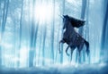 Always let your imagination run wild. Shot of a beautiful unicorn running through a mystical forest.