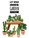 Let your inner garden grow postcard. Potted succulent plants in hygge interior flyer. Cozy lagom scandinavian style poster