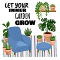 Let your inner garden grow postcard. Scandic stylish room interior with succulent plants. Home lagom decorations. Cozy season.