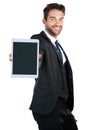 Let your message reach greatness. Studio shot of a handsome young businessman posing against a white background.