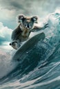 A lethargic koala on a surfboard riding a massive fastmoving wave contrasting its slow demeanor with the dynamic ocean scene Royalty Free Stock Photo