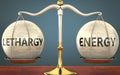 Lethargy and energy staying in balance - pictured as a metal scale with weights and labels lethargy and energy to symbolize