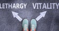 Lethargy and vitality as different choices in life - pictured as words Lethargy, vitality on a road to symbolize making decision