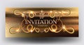 Gold sparkling invitation card with volume swirls.