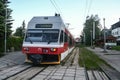 letric EMU train from ZSSK slovak railways from TEZ, or Tatra Electric Railway, entering the train station of Smokovec in tatra