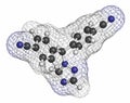 Letrozole breast cancer drug molecule (aromatase inhibitor). Atoms are represented as spheres with conventional color coding: