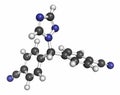 Letrozole breast cancer drug molecule (aromatase inhibitor). Atoms are represented as spheres with conventional color coding: