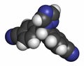 Letrozole breast cancer drug molecule (aromatase inhibitor). Atoms are represented as spheres with conventional color coding: