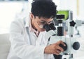 Lets adjust that a little...an attractive young female scientist looking through a microscope while working in a Royalty Free Stock Photo