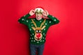 Lets be cool concept. Photo of joking laughing comedian granddad wearing green spectacles retro jumper jeans showing Royalty Free Stock Photo