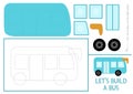 Lets build a bus cut and glue activity. Transportation educational crafting game. Find missing parts. Vector transport printable