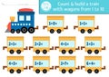 Lets build a train cut glue activity. Transportation educational crafting game with engine, wagons. Vector transport printable