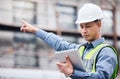 Lets check that next. a mature male architect using a digital tablet at a building site.