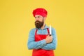 Lets cook it. brutal male cook in hat and apron. professional man cooking. restaurant cuisine and culinary. catering Royalty Free Stock Photo