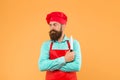 Lets cook it. brutal male cook in hat and apron. professional man cooking. restaurant cuisine and culinary. catering Royalty Free Stock Photo