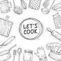 Lets Cook. Cooking Chef Class Sketch Background. Culinary Kitchen Utensils Vintage Vector Illustration