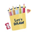 Lets draw. Vector pencils, sharpener and eraser. Royalty Free Stock Photo