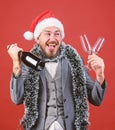 Lets drink champagne. Boss santa hat tinsel celebrate new year or christmas. Join christmas celebration. Christmas party Royalty Free Stock Photo