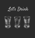 Lets Drink. Three kinds of alcoholic drinks in shot glasses. Hand Drawn Drink Vector Illustration. Royalty Free Stock Photo
