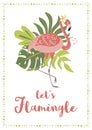 Lets flamingle text for flamingo party invitation Cute pink flamingo with tropical leaves. Vector Royalty Free Stock Photo