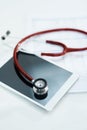 Lets get that on record for every doctor to access. a stethoscope and a digital tablet lying on a table.