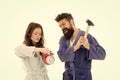 Lets get rid of this annoying alarm clock. Couple in bathrobes going to destroy alarm clock and stay at home. Breaking Royalty Free Stock Photo