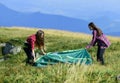 Lets go camping. family camping. reach destination place. friends spend free time together. two girls pitch tent