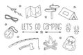 Lets Go Camping Set. Backpacking drawing, editable doodle illustration. Hiking icons. Black objects on white background Royalty Free Stock Photo