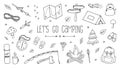 Lets Go Camping Set. Backpacking drawing, vector doodle illustration. Hiking icons. Black objects on white background Royalty Free Stock Photo