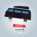 Lets go camping, tourists travel by car. Funny cartoon minivan.