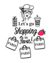 Lets go Shopping in Paris. Vector Isolated fashion illustration. Girl with coffee to go cup, shop bag, hat, macaroon.