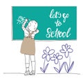 Lets go to school, handwritten lettering, girl schoolgirl draws on the blackboard Royalty Free Stock Photo