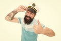 Lets go travel. Happy seaman give thumbs up. Bearded man smile with thumbs up gesture. Satisfaction and approval