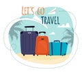 Lets Go Travel Motivational Title. Travel banner with cartoon suitcases and a flying paper airplane. Vector Illustration in Flat D