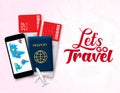 Lets go travel vector design template. Lets go travel text in empty space with travelling element. Royalty Free Stock Photo