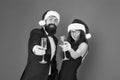 Lets have fun. Office party. Couple at corporate party. Happy new year. Bearded businessman in tuxedo and girl elegant Royalty Free Stock Photo