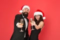 Lets have fun. Office party. Couple at corporate party. Happy new year. Bearded businessman in tuxedo and girl elegant Royalty Free Stock Photo