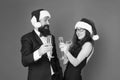 Lets have fun. Office party. Winter party. Merry christmas. Couple at corporate party. Happy new year. Bearded Royalty Free Stock Photo