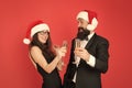 Lets have fun. Office party. Winter party. Merry christmas. Couple at corporate party. Happy new year. Bearded Royalty Free Stock Photo