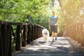 Lets move on boy. a handsome young man walking his dog in the park. Royalty Free Stock Photo