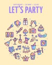 Lets Party Sign Round Design Template Color Thin Line Icon Banner. Vector Royalty Free Stock Photo