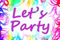 Lets Party on white background with multicolored swirls