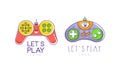 Lets Play Logo Collection, Video Computer Games Labels Outline Vector Illustration