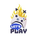 Lets Play Logo, Joysticks Gamepad with Slogan Text Print Cartoon Vector Illustration